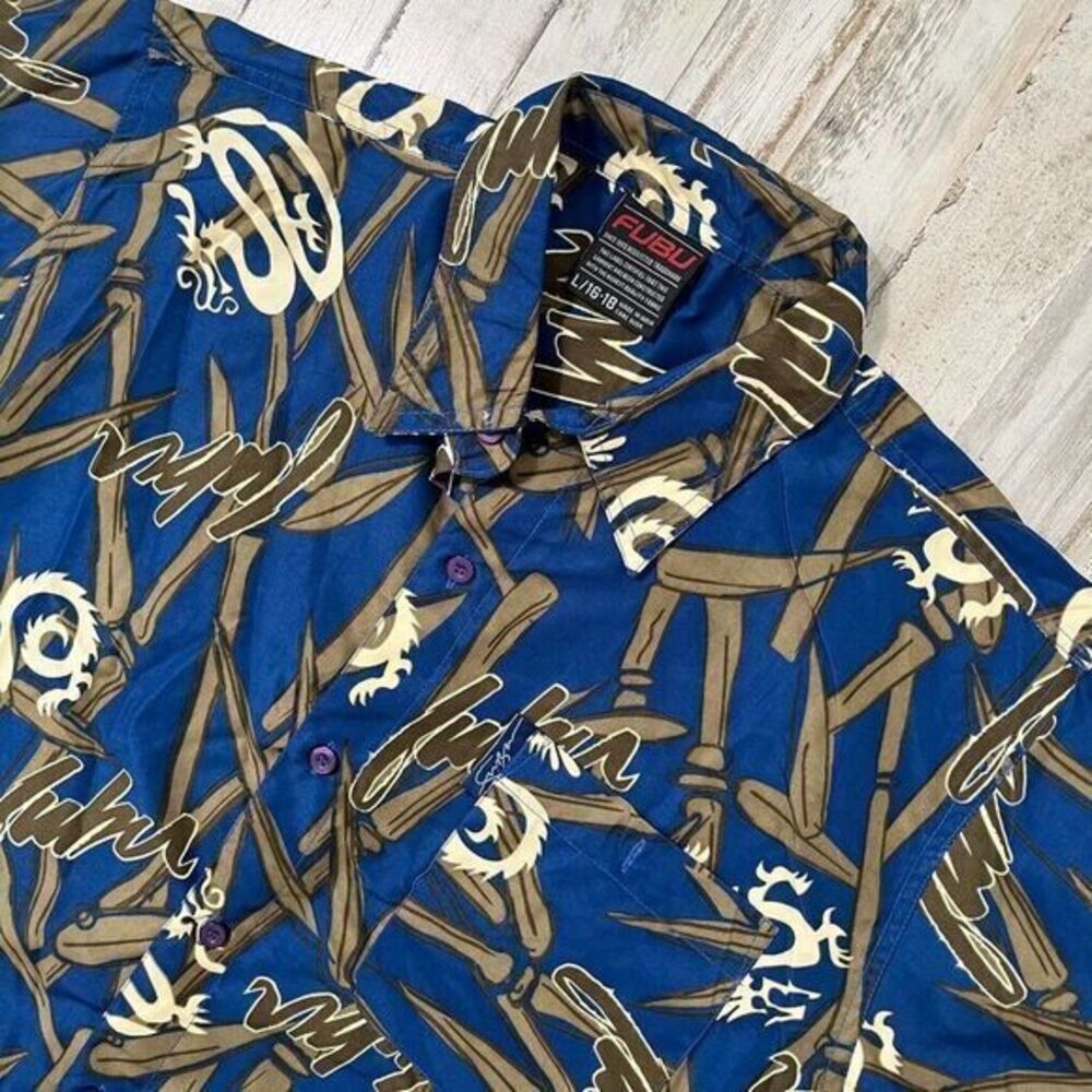 Vintage Y2k Fubu Blue Brown Dragon‎ Bamboo Button Up Short Sleeve Shirt Mens S/M